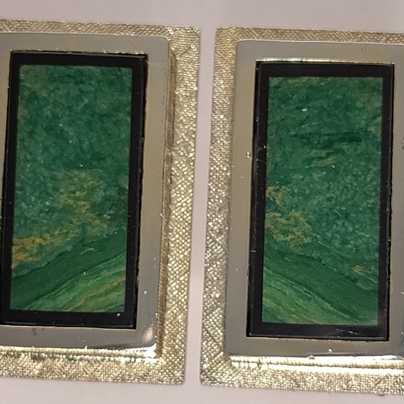 Solid Sterling Silver Green Marble Onyx Inlay Cufflinks - Picture 3 of 7